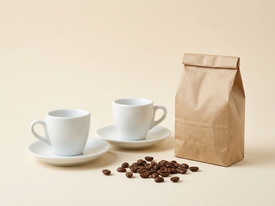 Tasses à expresso et sachet de café en grains