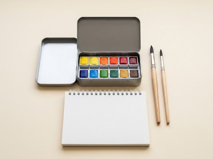 Boîte d’aquarelle, pinceaux et bloc de papier