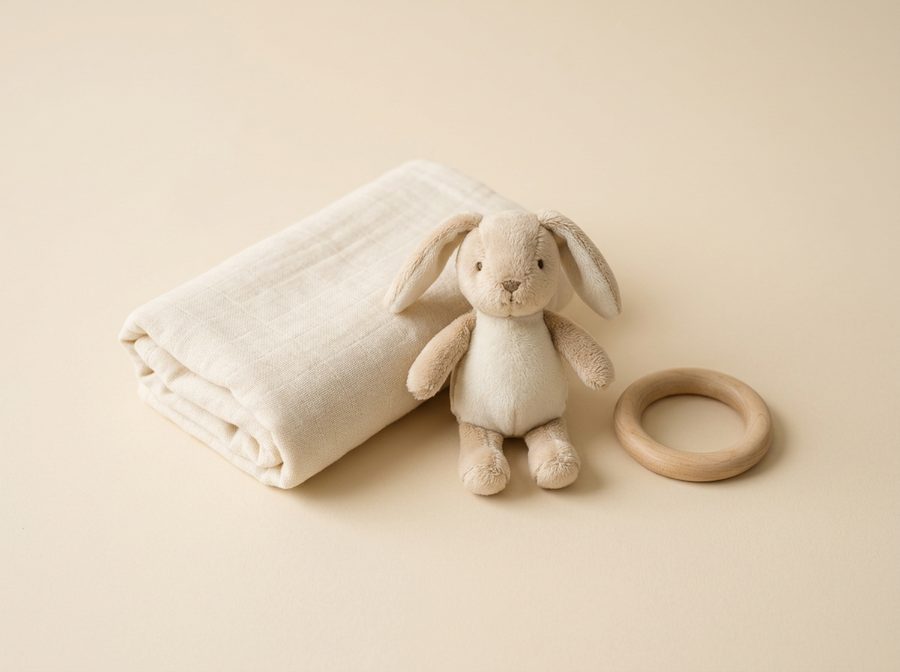 Lange en coton, doudou lapin et anneau en bois
